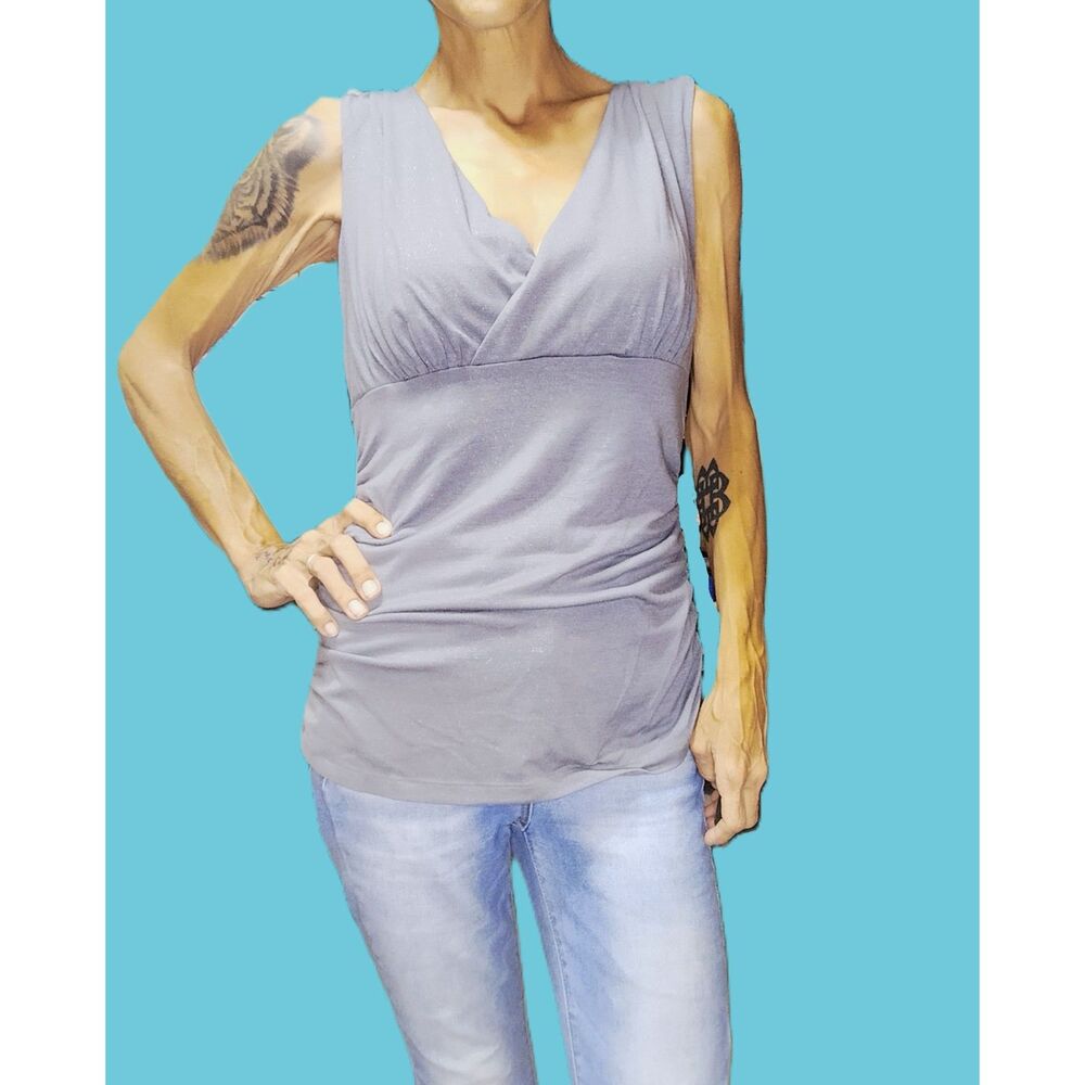 Daisy Fuentes ~ Grey Sparkle Crossover Ruched Hi-Lo Top ~ Medium